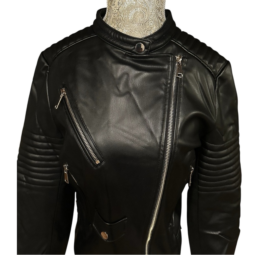 Zara Black Leather Moto Jacket Biker Festival Goth Grunge Rave Concert Size XL - Picture 7 of 9